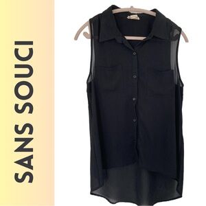 Sans Souci Black Sheer Sleeveless High Low Button Up Top–Size Large Edgy, Dressy